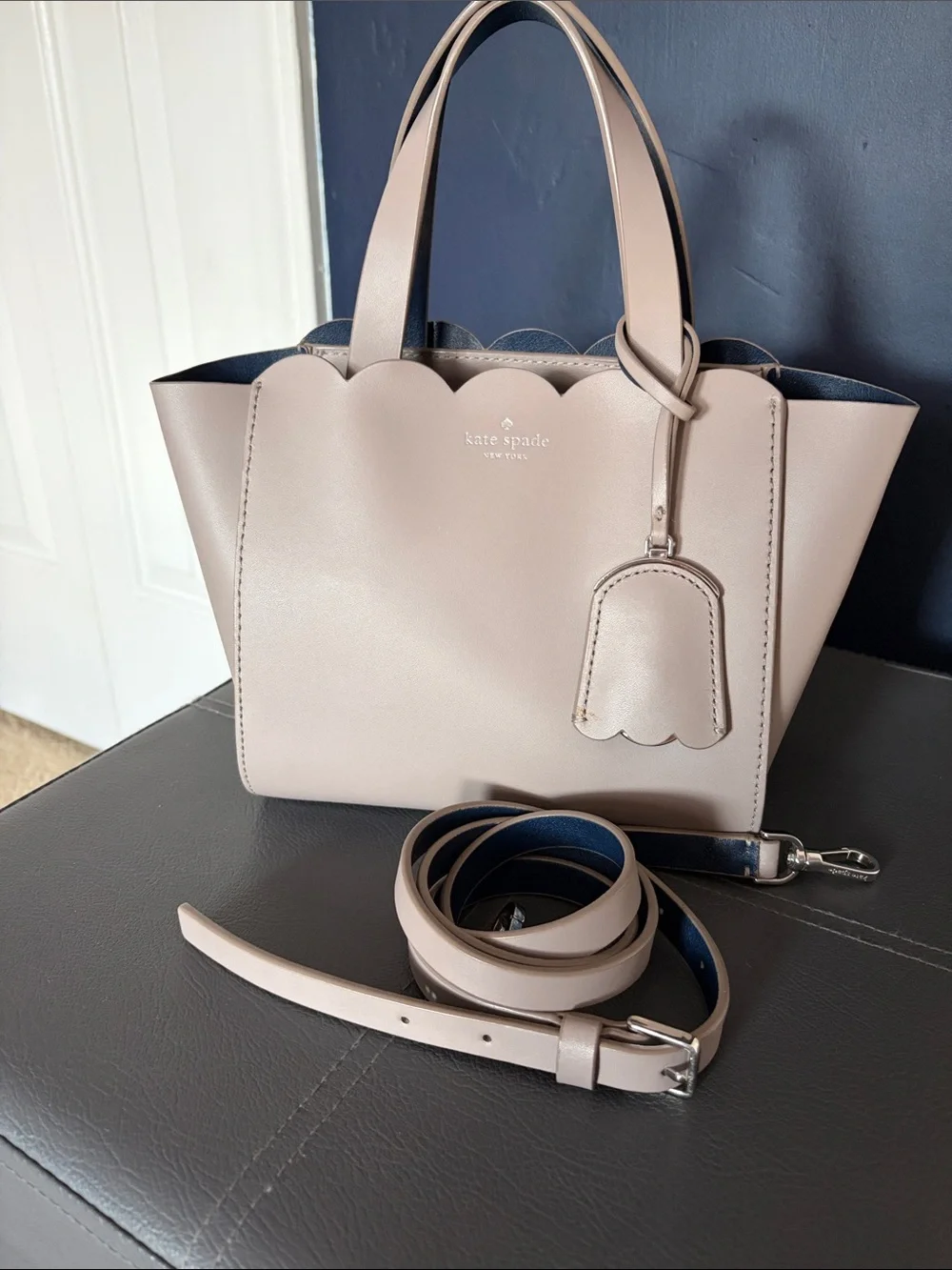 Kate Spade Magnolia Street Small Mina Scalloped Leather Satchel Taupe/Navy